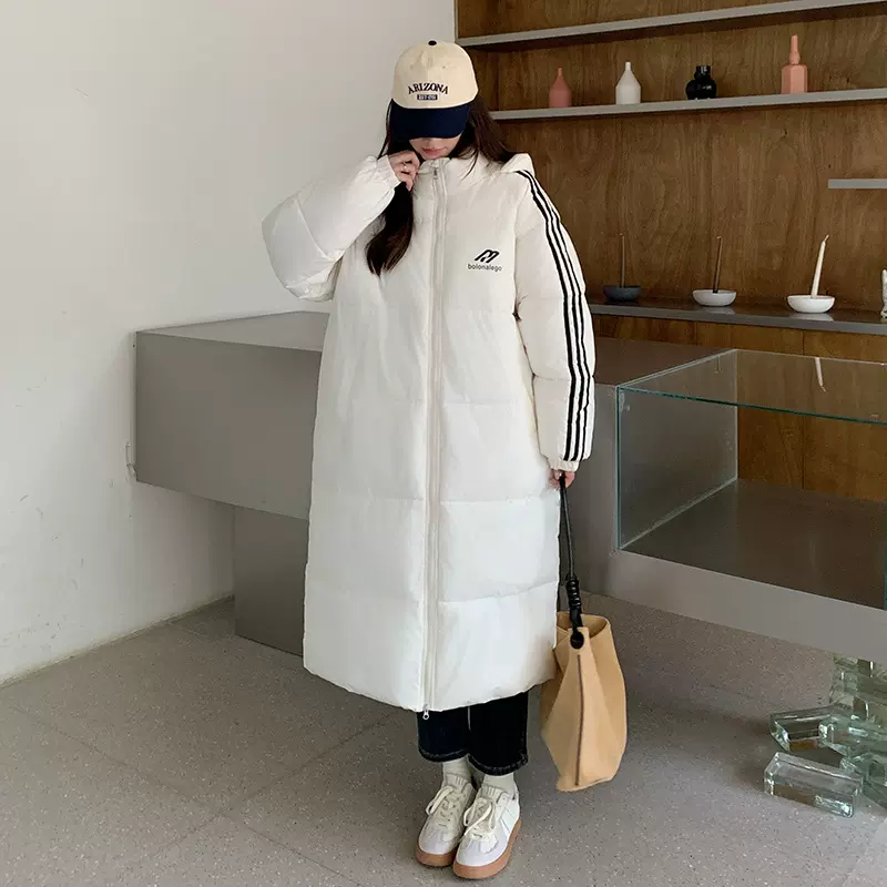 2025年新款情侣三条杠连帽棉衣女冬季中长款班服宽松羽绒棉服外套