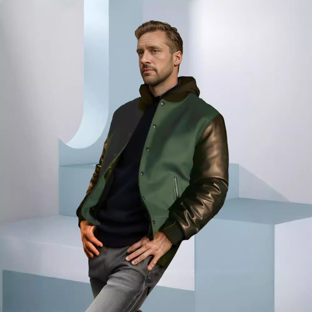 Spring and Autumn new men's PU leather sleeve patchwork flight single breasted woolen jacket_voghion.com