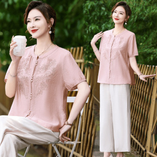 Set + Single Piece New Chinese Style Mother's Clothing, Middle-Aged Mother's Summer Clothing, Chinese Style Tops, Fashionable Middle-Aged and Elderly Women's Clothing