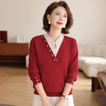 秋冬新立领中国风盘扣中老年妈妈假两件套针织衫撞色套头毛衣上衣
