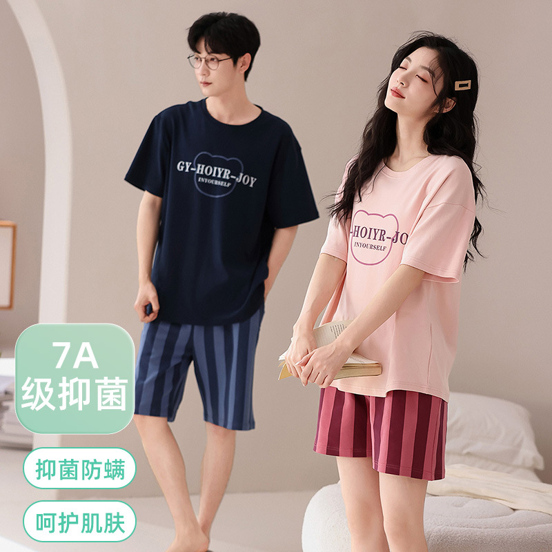 Cartoon casual couple pajamas women's summer pure cotton with chest pad pullover short sleeve shorts can be worn outside men's homewear