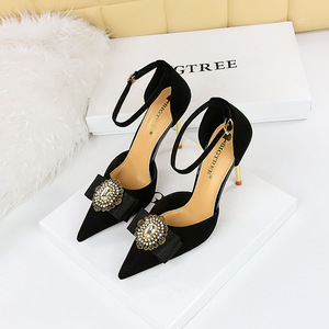 283-19 Retro European and American Style Ultra High Heel Suede Shallow Mouth Pointed Rhinestone Metal Buckle Bow Knot Ho