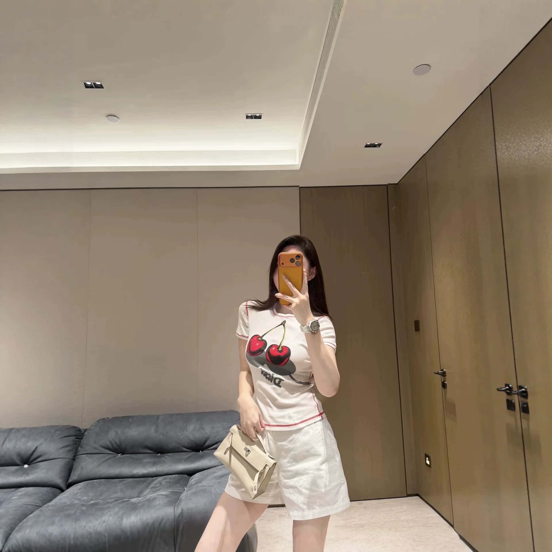 Summer New Style Cherry Print American Trendy Slim-Fit Short T-Shirt for Women, Versatile Casual Regular Shoulder Short-Sleeve Top
