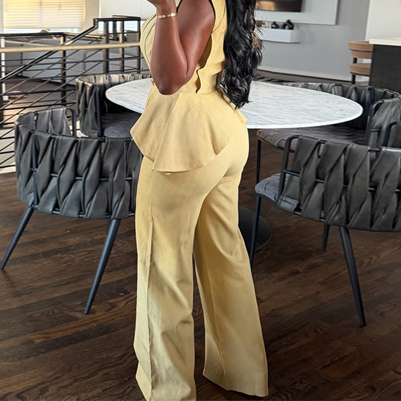 Women's Summer Fashion V Neck Button Up Ruffled Wide Leg Pants Set Solid Color American Style_ecoleips.com