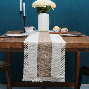 Two-color woven tassel American cotton and linen table runner stitching natural material table mat holiday decorative cover towel factory direct supply