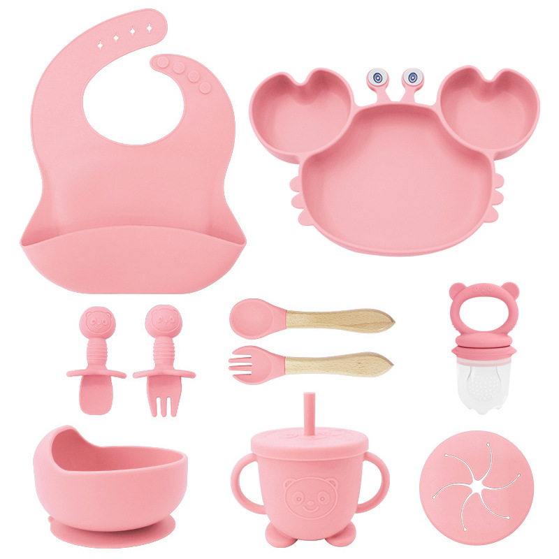 Plato de silicona para niños set de cangrejo para bebés alimentando bacon portátil para comer tenedor cuchara set de bolos de alimentos suplementarios