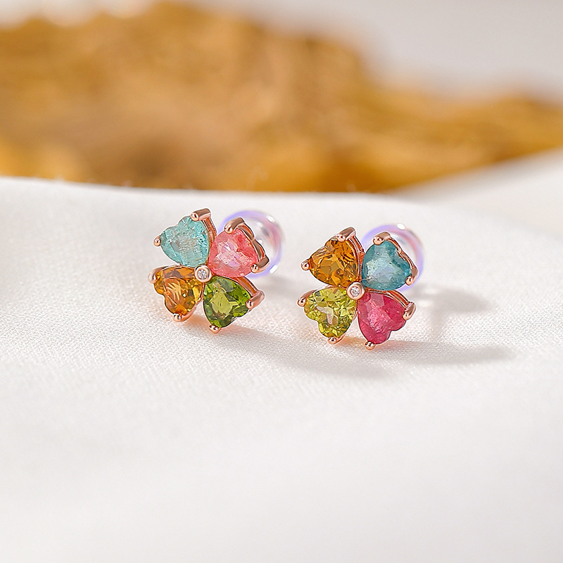 Bông tai bạc S925 mạ vàng hồng hình trái tim đính đá tourmaline — Một cặp (màu ngẫu nhiên của tourmaline)