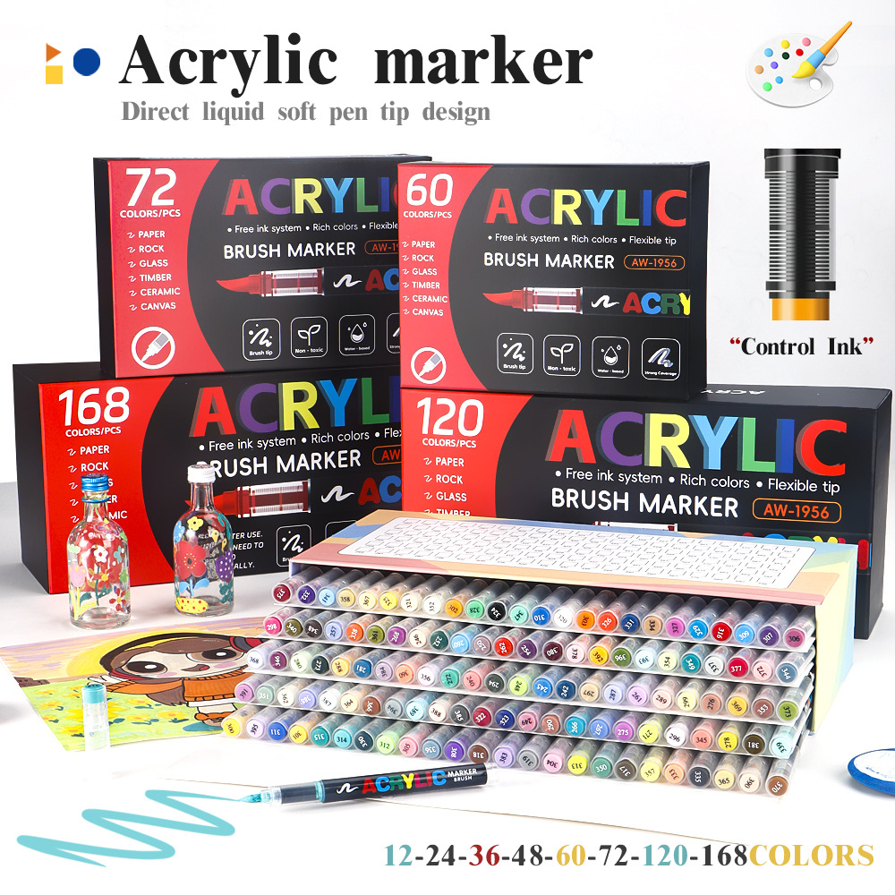 Juego de rotuladores acrílicos rectos de 168 colores rotuladores acrílicos de punta suave rotuladores de colores apilables para arte