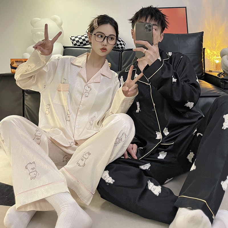 Pareja pijamas de mujer primavera y otoño seda de hielo manga larga hombres delgados Jacquard más tamaño traje de desgaste de seda real