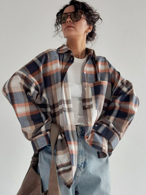 慵懒风格子衬衫女亚马逊外贸新款设计感撞色宽松长袖高级百搭开衫|undefined