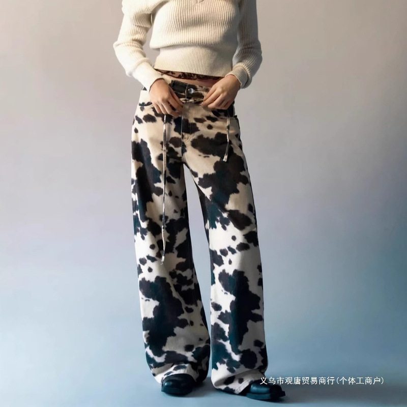Cross-Border American High Street Retro Cow Print Washed Jeans for Men and Women, Vintage Loose Long Pants Ins Cross-Border American High Street Retro Cow Print Washed Jeans for Men and Women, Vintage Loose Long Pants Ins