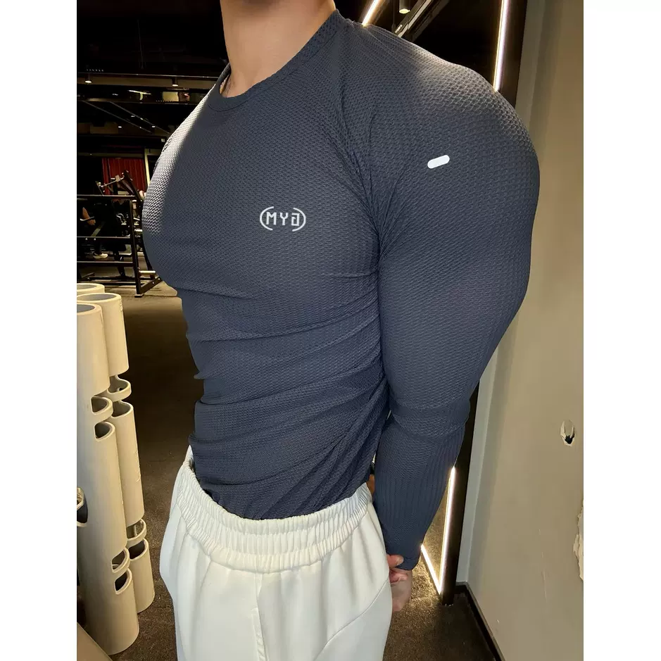 冰丝闪电纹蛇纹高弹网眼透气紧身速干长袖T恤运动跑步男健身训练