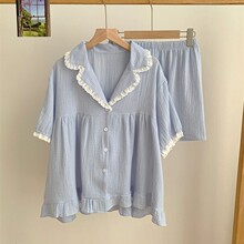 清新天空蓝蕾丝花边小翻领短袖短裤睡衣夏日新品舒适棉纱家居服女