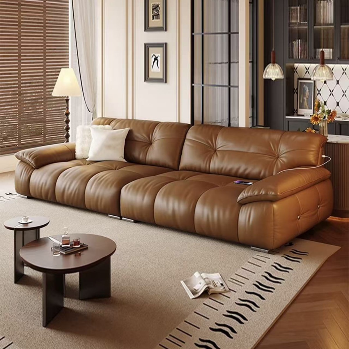 Bread Cloud Genuine Leather Sofa Italian Minimalist Reclining Sofa for Large and Small Spaces Simple Top Layer Cowhide Straight Sofa