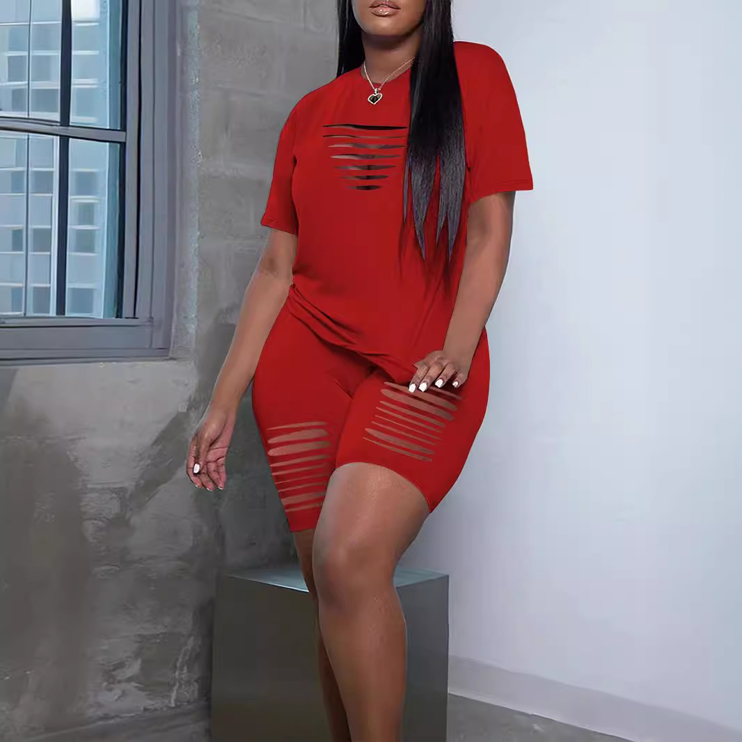 Women's Summer Sexy Hollow Out T-Shirt And Shorts Set Sleeveless V-Neck Outfit For Casual Comfortable Wear_ecoleips.com