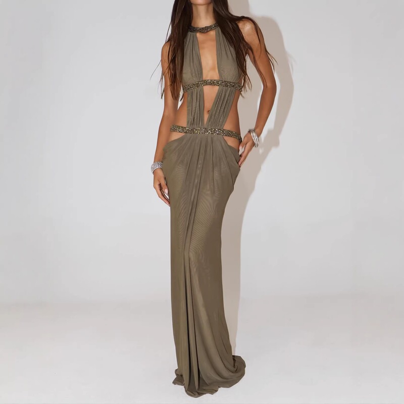 European and American Cross-Border Women's Fashion New Style Sexy Sleeveless Backless Dress with Patchwork Design for Parties, Slim Fit Long Dress European and American Cross-Border Women's Fashion New Style Sexy Sleeveless Backless Dress with Patchwork Design for Parties, Slim Fit Long Dress