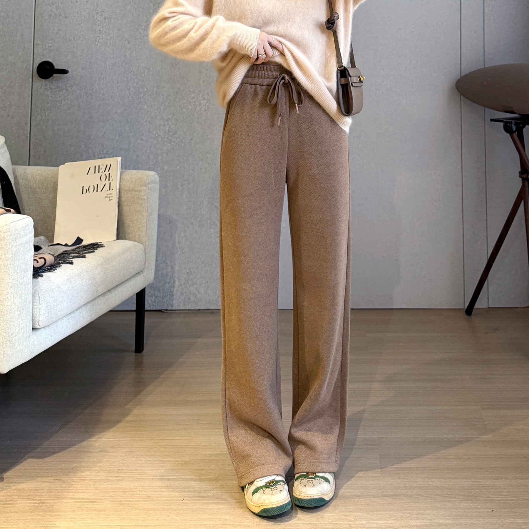 아름다운 작은 아름다운 트윌 아세테이트 울 바지  다리 고정 좁은 넓은 다리 바지 간단한 겨울 우아한 바지 바닥을 깎지 않음