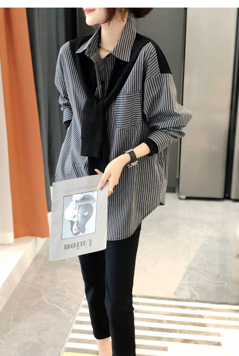 Women's Black And Grey Striped Blouse Stylish Versatile Shirt_voghion.com