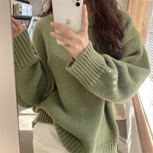 绿色圆领套头毛衣女2025新款软糯复古日系奶fufu慵懒宽松外穿秋冬