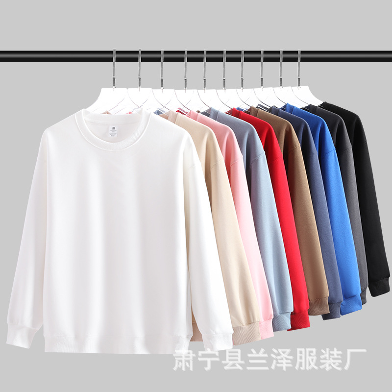 Otoño e invierno 320g algodón chino cuello redondo suéter hombres y mujeres de color sólido caída hombro superior venta al por mayor de gran tamaño de manga larga logotipo impreso
