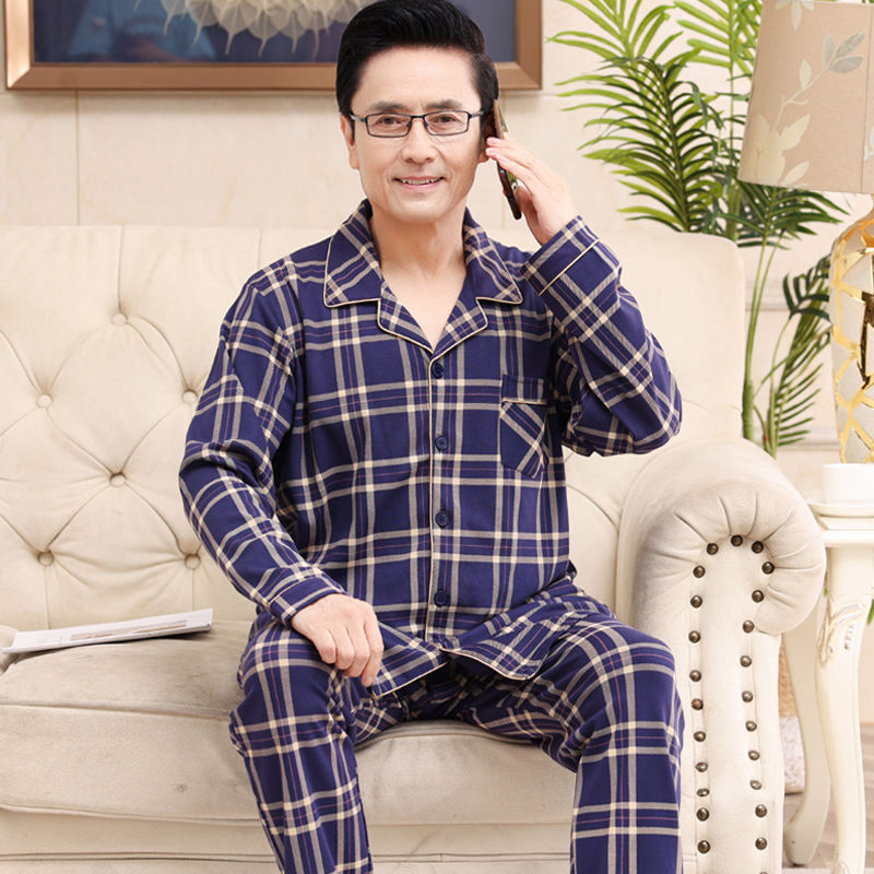 Papá pijamas de los hombres primavera y otoño 100% algodón manga larga más tamaño suelta desgaste en el hogar traje casual