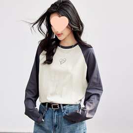 撞色插肩袖长袖t恤女春冬季设计感大版宽松慵懒风上衣内搭打底衫