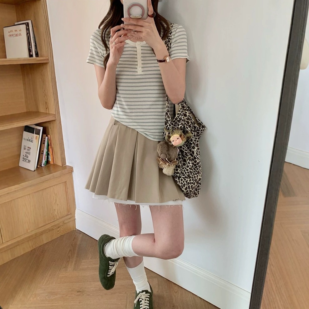 High-Quality Acetate Linen Simple Button Pullover Short-Sleeve Round-Neck Spring/Summer Korean-Style Casual Solid Color Top T-Shirt for Women