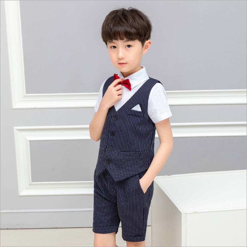 夏款童套裝一件代發男童西裝馬甲禮服條紋六一兒童節合唱表演花童