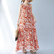 实拍2024年夏季新款波西米亚文艺宽松无袖圆领印花中长款连衣裙女