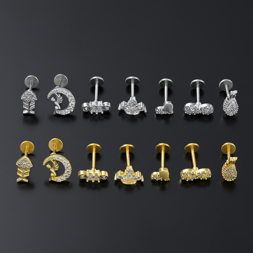 European and American cross-border e-commerce piercing jewelry, flat-bottomed lip nails, exquisite copper-plated gold-plated micro-zirconia geometric ear bone nails