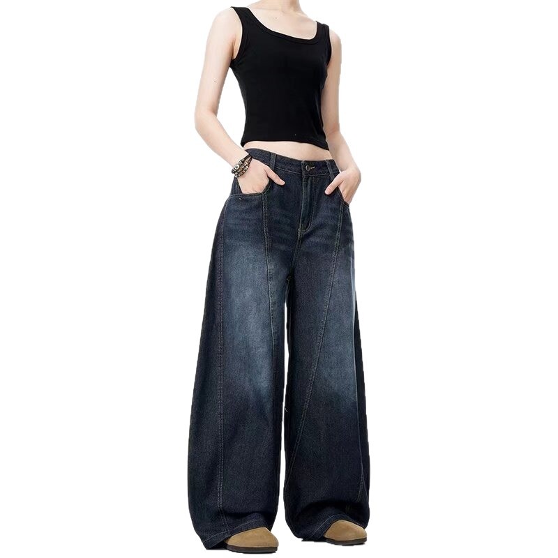 Azul oscuro lavado con agua jeans de piernas anchas europeas y americanas hiphop pantalones de calles fritas de alta calidad pantalones de macheta rectos sueltos para hombres
