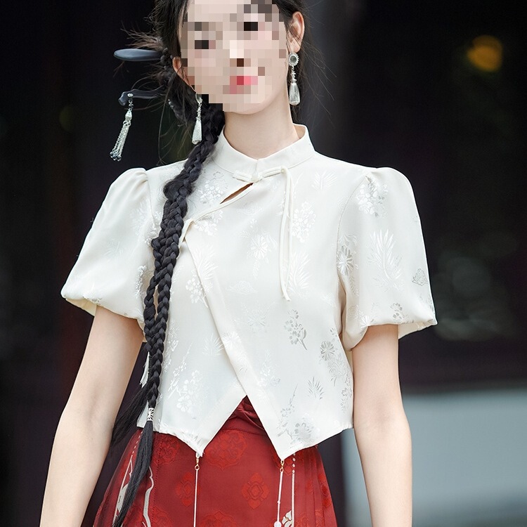 Ma Face Skirt Paired with a Short Shirt for Petite Women, Summer Short-Sleeve New Chinese Style Women's Stand Collar Shirt