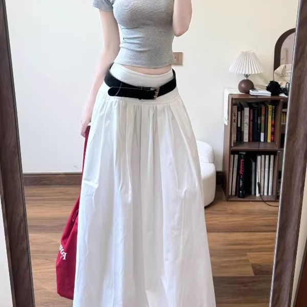 Retro Hong Kong Style High-Waisted White Skirt for Women 2025 Summer Fashion Sweet and Cool Sexy A-Line Long Skirt with Large Hem Umbrella Skirt