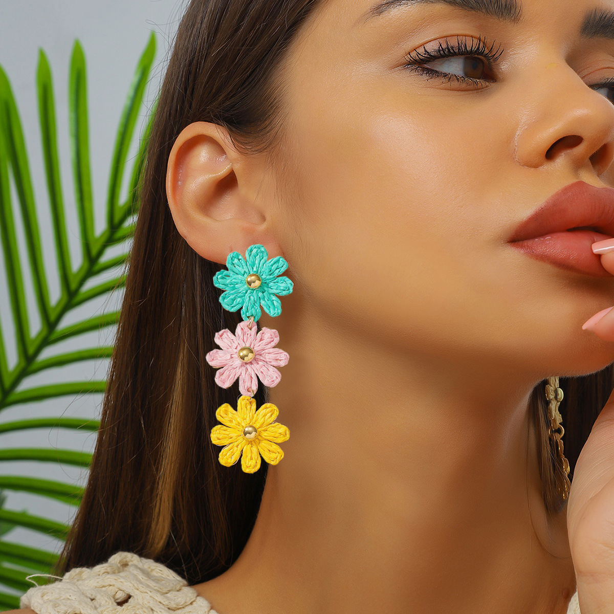Inlay Design 1 Pair Retro Flower Inlay Raffia Rhinestones Pearl Drop Earrings Ear Studs