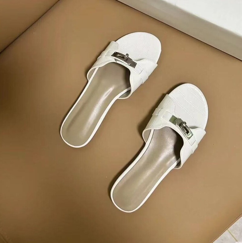 In Stock~Crocodile Leather Pattern Metal Buckle Slip-On Sandals for Women, Summer Outdoor Wear, New Model 25, Flat Open-Toe Beach Sandals for Women