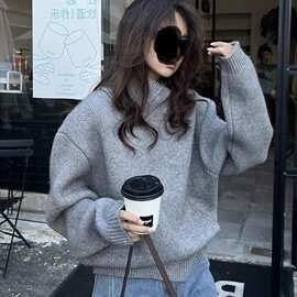 秋冬季高级感不规则翻领系扣高领毛衣宽松灰色套头针织小众网红