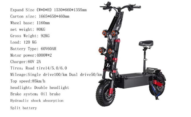 European overseas warehouse one-piece delivery x7 off-road folding adult walking muscle electric scooter double drive 8000W