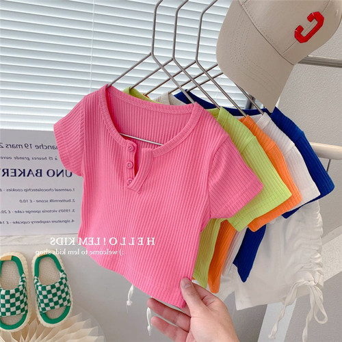 Summer Girls' Clothing Short Sleeve T-Shirt Baby Stylish Children's Personality Trend Brand Korean Version Candy Color Striped Fashion Top