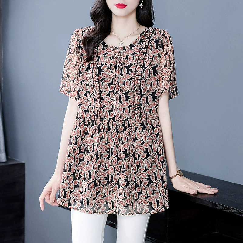 2023 летняя новая Повседневная Свободная шифоновая рубашка с коротким рукавом Fatty 240 Jin с принтом, Топ для женщин среднего и пожилого возраста