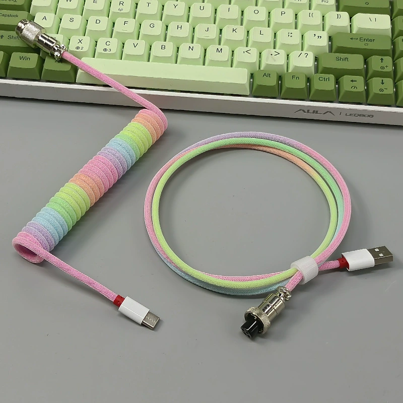 Coiled USB Keyboard Cable with Detachable Aviator Plug, Nylon-Braided, Custom Colors