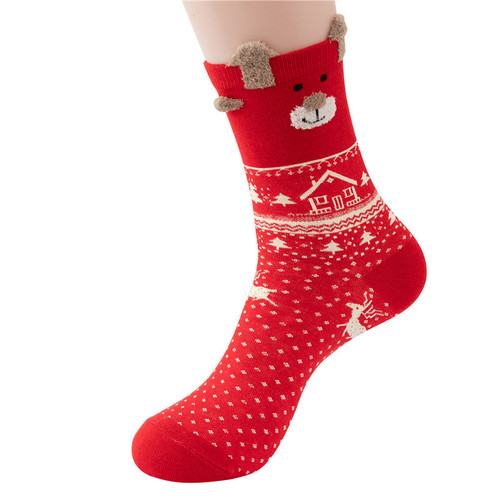 纯-棉跨境圣诞袜女袜中筒麋鹿老大红袜批立体耳朵卡通雪花袜圣诞