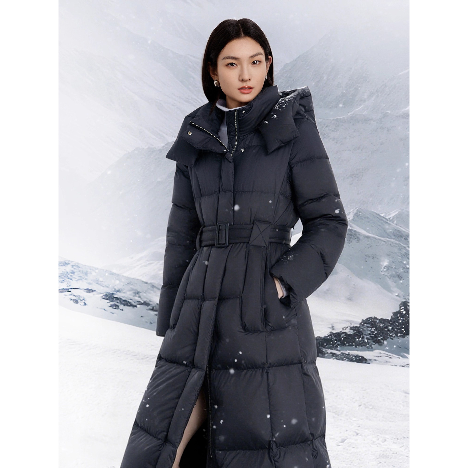 2025 New Winter Style Waist Slimming Look Removable Belt Hooded down Jacket 1Gb980271