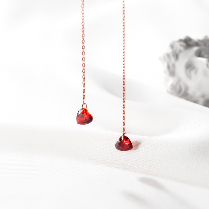 Eloch s925 plata corazón largo orejas temperamento coreano simple diamante rojo amor orejas orejas E6178