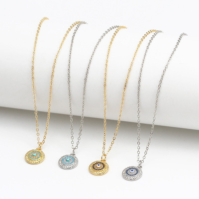 新品微镶眼睛吊坠项链欧美跨境圆形蓝眼睛项链恶魔之眼锁骨链项饰