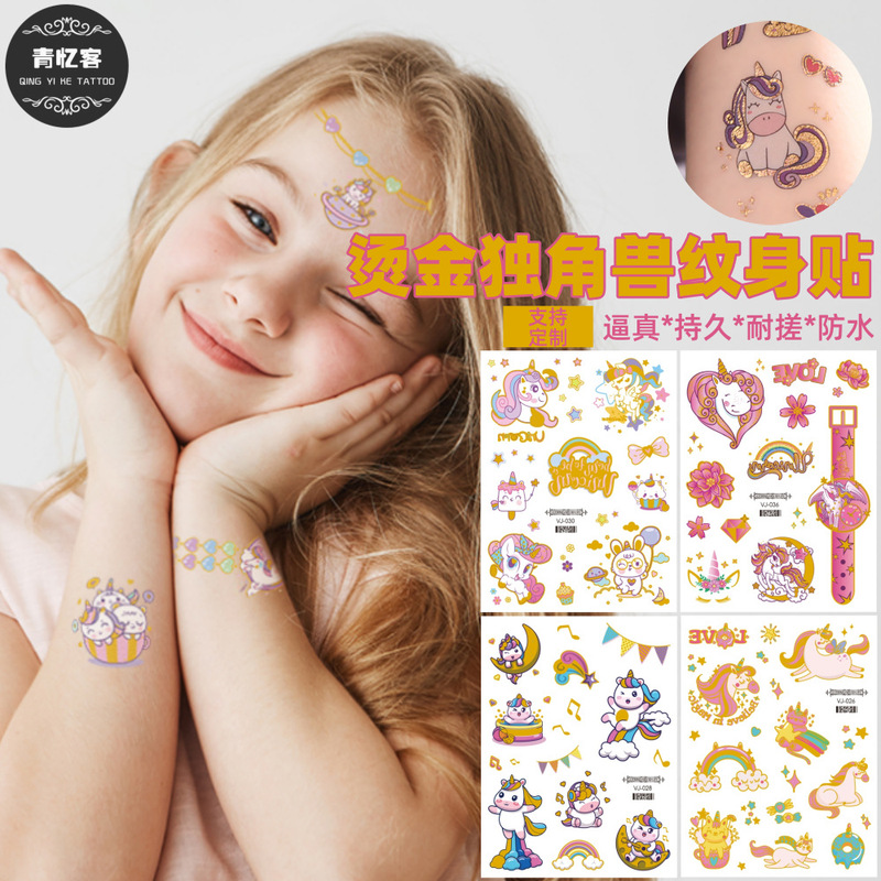 Cross-Border Supply Wholesale Kidsren's Bronzing Unicorn Temporary Tattoo Stickers Environmentally Friendly and Safe Cute Cartoon Girls