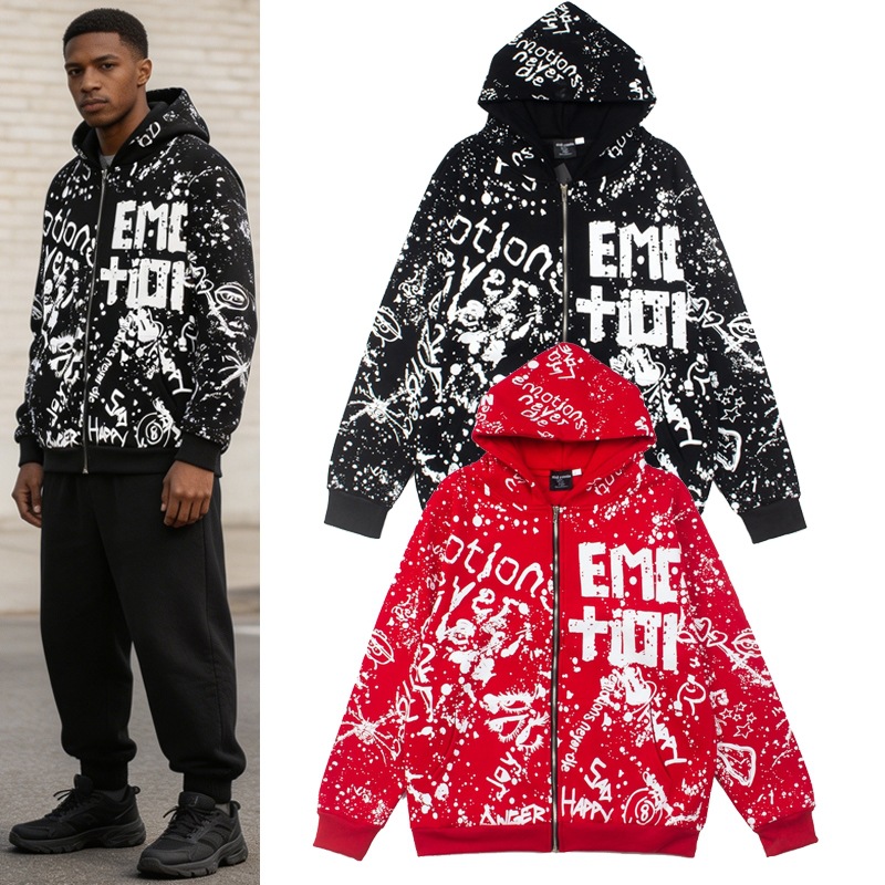 MIXED EMOTION American street style full-print letter print hooded sweatshirt with zipper, trendy brand jacket