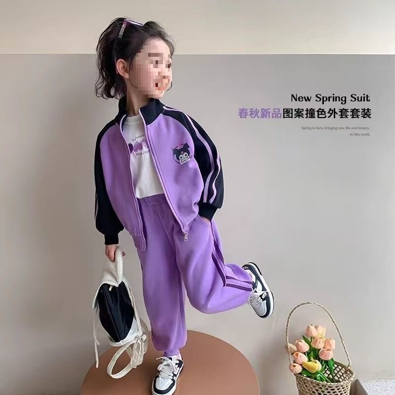 Girls Spring and Autumn Suit New Children's Korean Style Kuromi Patchwork Jacket Girls Sportswear Casual Two-Piece Set Girls Spring and Autumn Suit New Children's Korean Style Kuromi Patchwork Jacket Girls Sportswear Casual Two-Piece Set