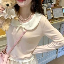 2025秋冬新款德绒娃娃领拼接长袖T恤打底衫女温柔修身假两件上衣