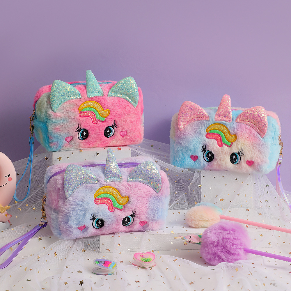 Lavar bolsa de ojos grandes, estuche de lápices de felpa, papelería, mano, dibujos animados, ojos lindos, viaje de niña, unicornio, maquillaje