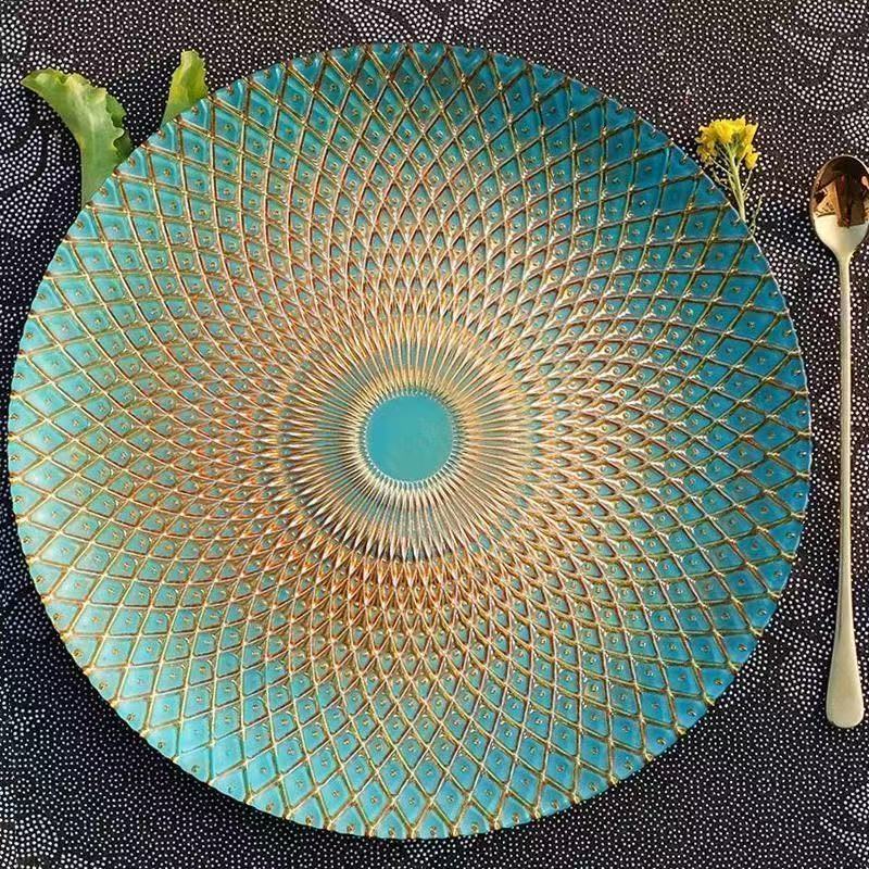 European Accessible Luxury Crystal Glass Plate with Bird Tail Pattern, Golden Green Fruit Plate, Round Western Food Plate, Decorative Plate, Banquet Chassis